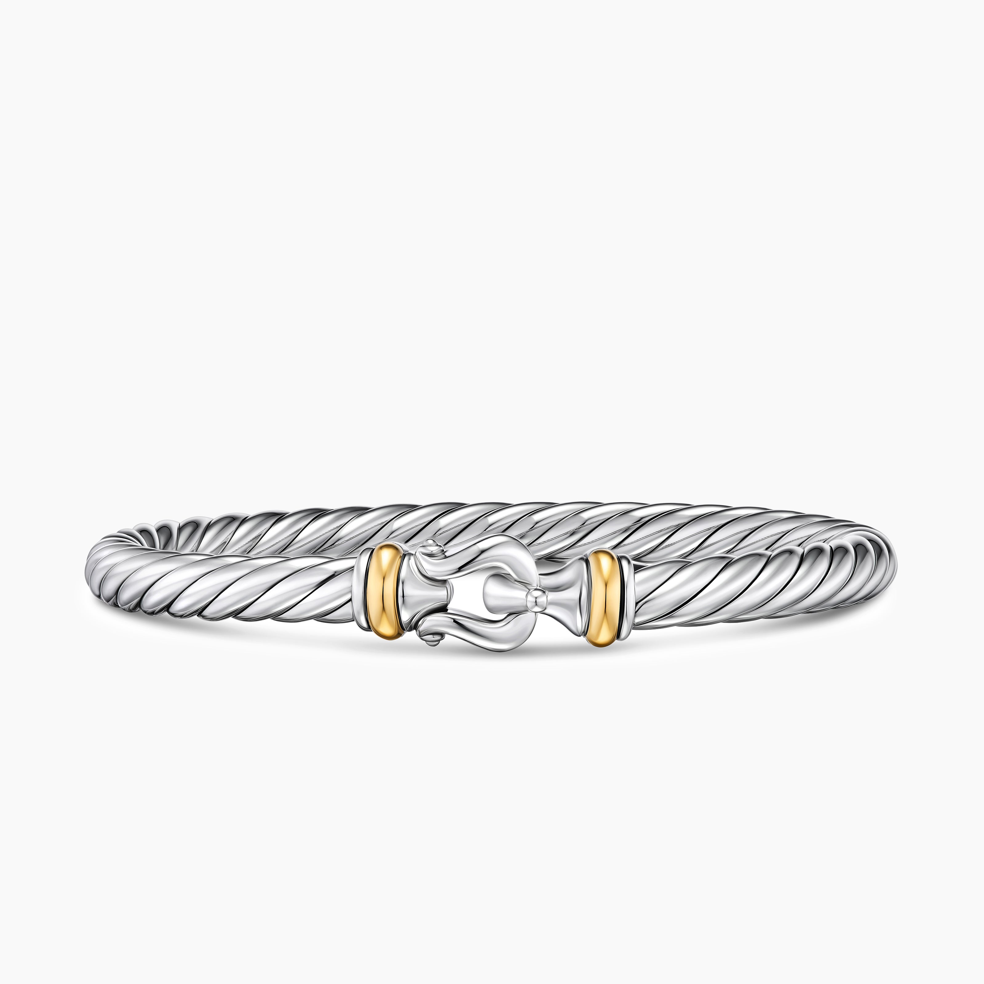 Womens Cable Flex Buckle Bracelet in Sterling Silver with 14K Yellow Gold, 6mm