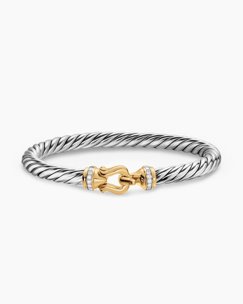 Womens Cable Flex Buckle Bracelet in Sterling Silver with 14K Yellow Gold and Diamonds, 6mm