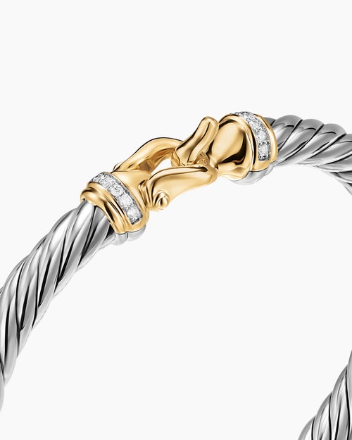 Womens Cable Flex Buckle Bracelet in Sterling Silver with 14K Yellow Gold and Diamonds, 6mm