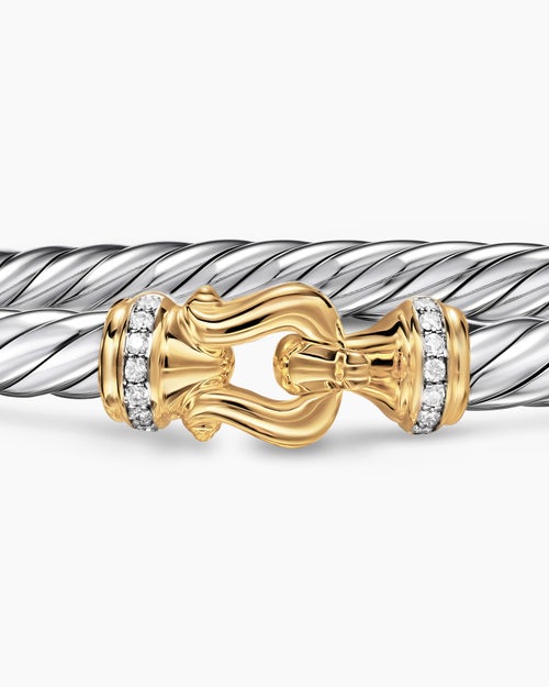 Womens Cable Flex Buckle Bracelet in Sterling Silver with 14K Yellow Gold and Diamonds, 6mm