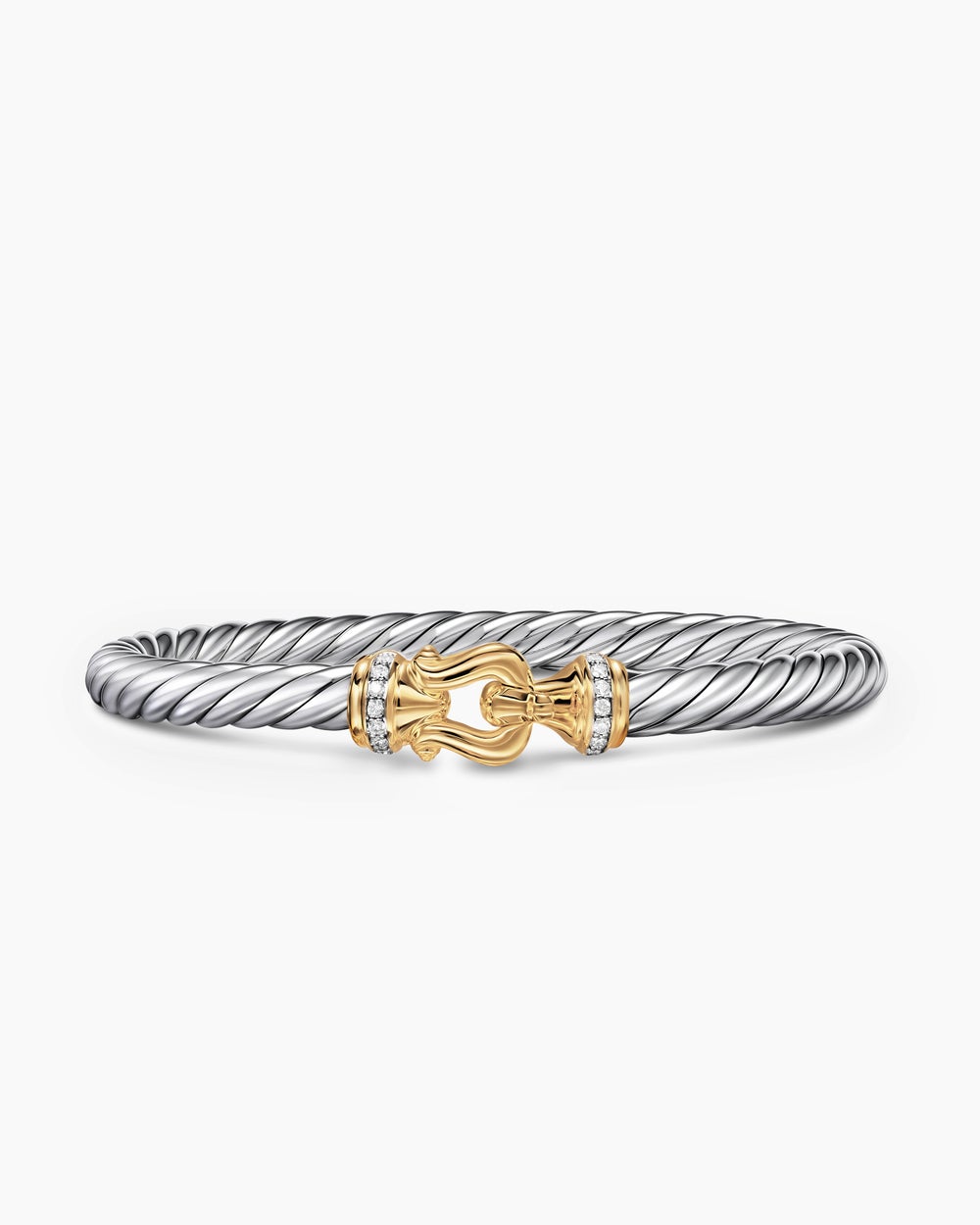 Womens Cable Flex Buckle Bracelet in Sterling Silver with 14K Yellow Gold and Diamonds, 6mm