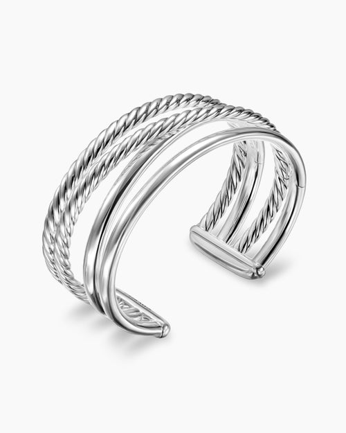 Womens Bold Crossover Multi Row Cuff Bracelet in Sterling Silver, 24.4mm