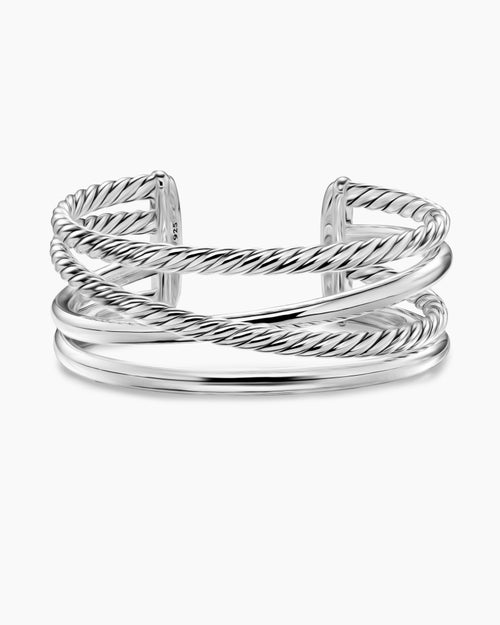 Womens Bold Crossover Multi Row Cuff Bracelet in Sterling Silver, 24.4mm