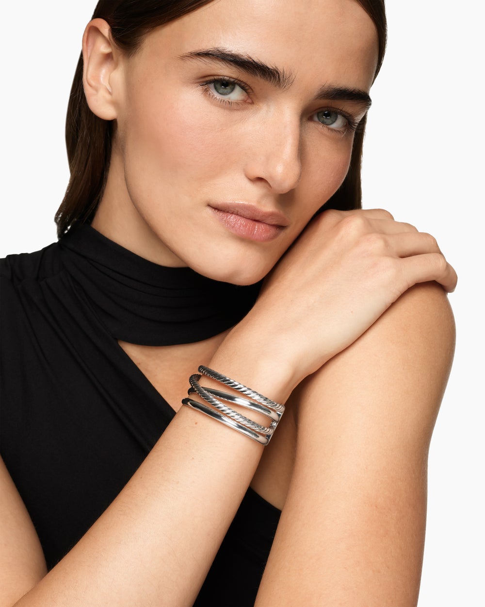 Bracelet-manchette audacieux à rangs multiples Crossover en argent sterling, 24,4 mm femmes