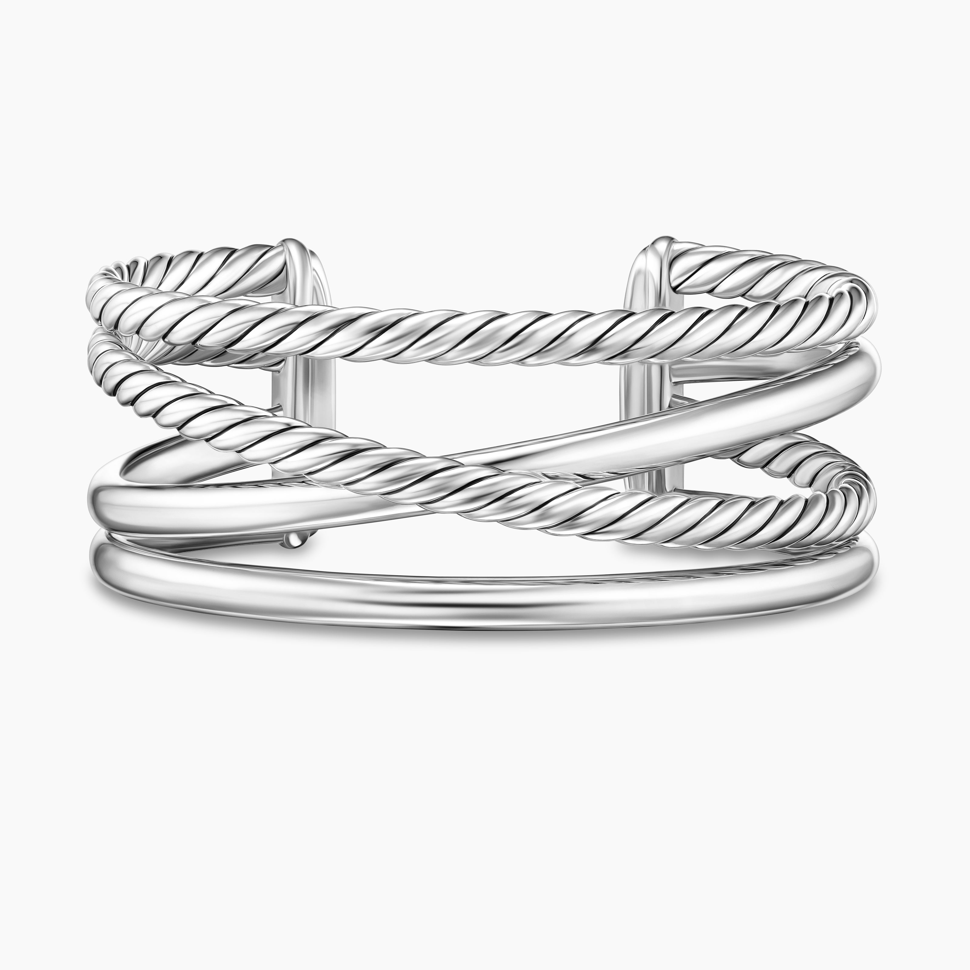 Womens Bold Crossover Multi Row Cuff Bracelet in Sterling Silver, 24.4mm
