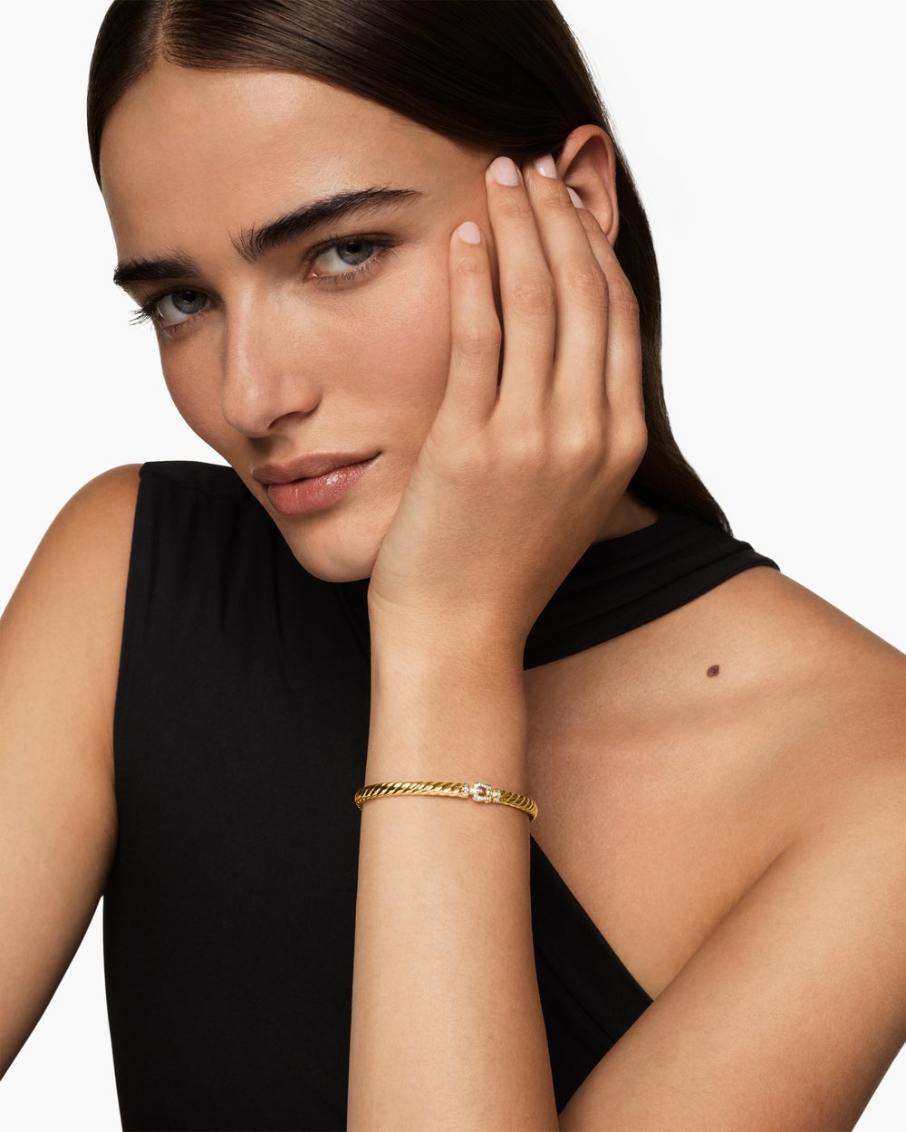 Womens Sculpted Cable Buckle Bracelet in 18K Yellow Gold with Diamonds, 4.6mm