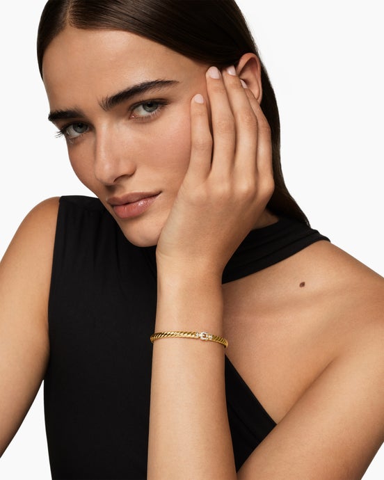 Sculpted Cable Buckle Bracelet in 18K Yellow Gold with Diamonds, 4.6mm