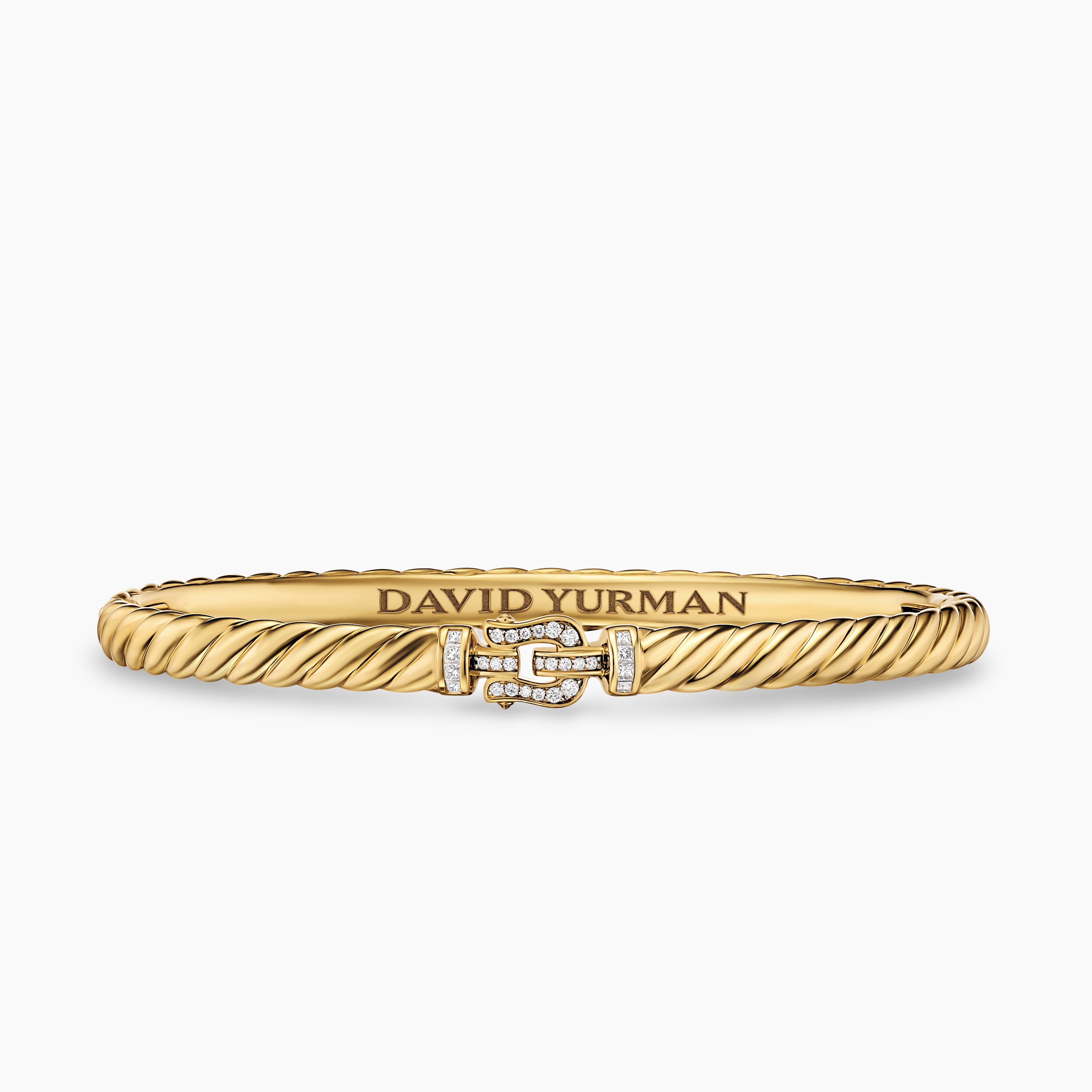 Womens Sculpted Cable Buckle Bracelet in 18K Yellow Gold with Diamonds, 4.6mm
