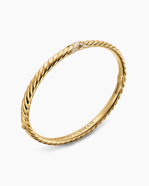 Womens Sculpted Cable X Bracelet in 18K Yellow Gold with Diamonds, 4.6mm