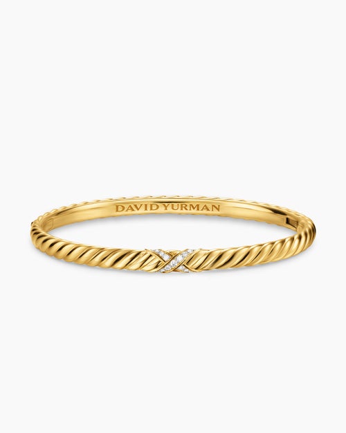 Womens Sculpted Cable X Bracelet in 18K Yellow Gold with Diamonds, 4.6mm