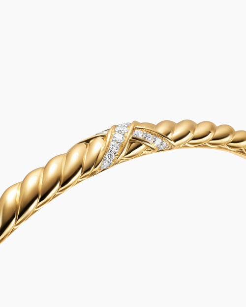 Womens Sculpted Cable X Bracelet in 18K Yellow Gold with Diamonds, 4.6mm