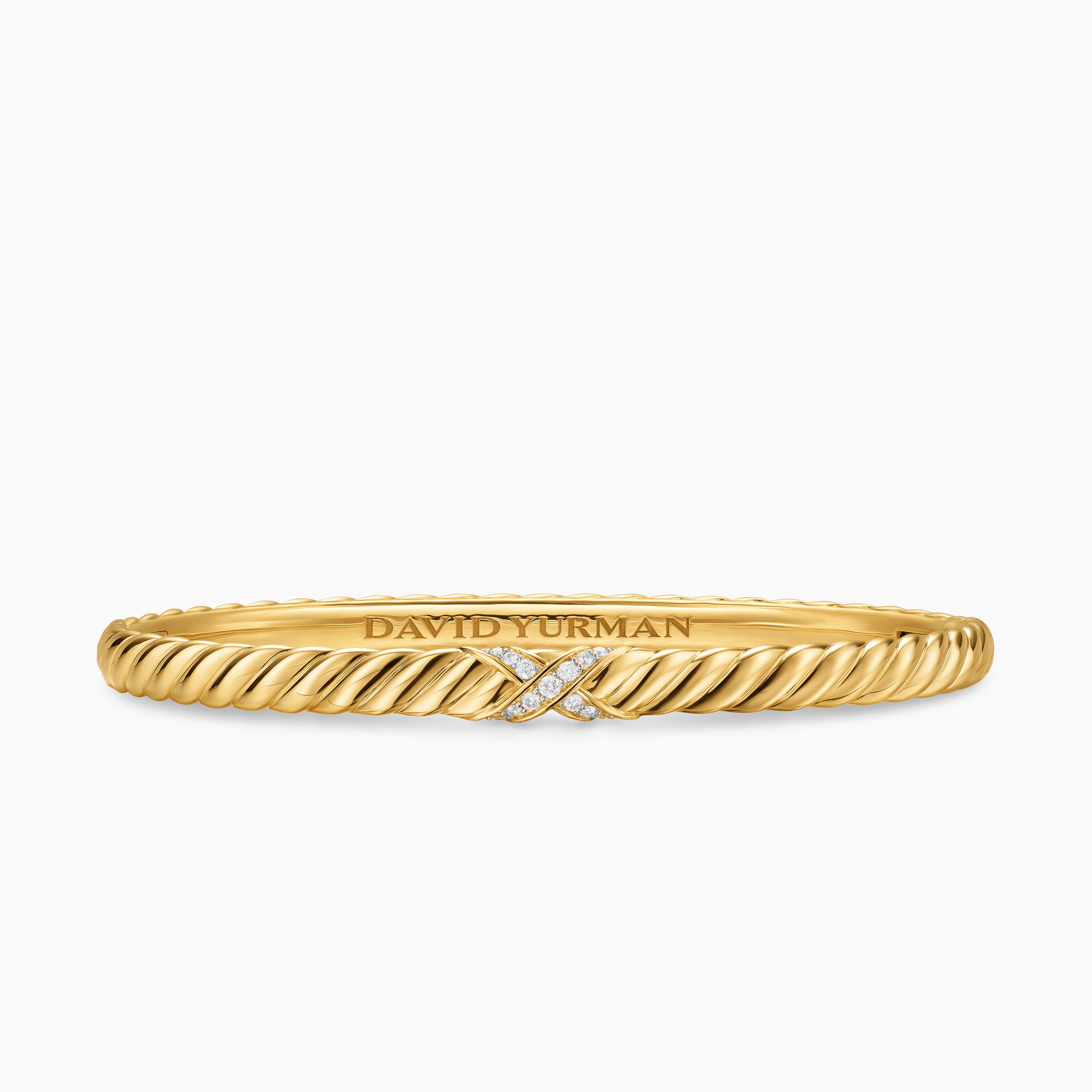 Womens Sculpted Cable X Bracelet in 18K Yellow Gold with Diamonds, 4.6mm