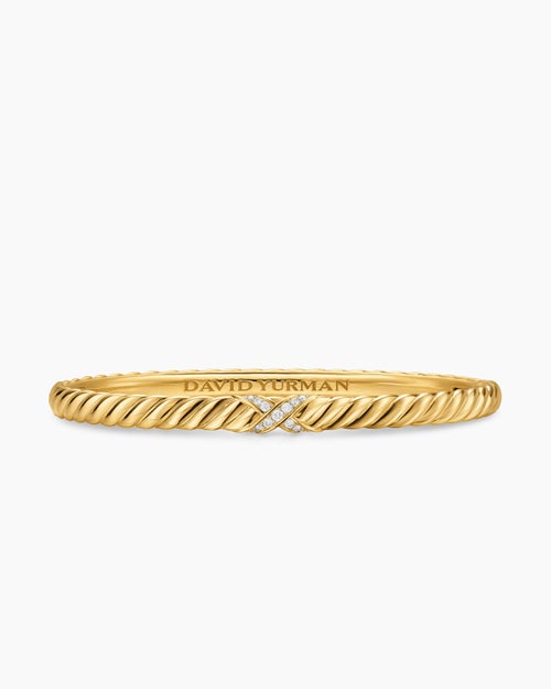 Womens Sculpted Cable X Bracelet in 18K Yellow Gold with Diamonds, 4.6mm