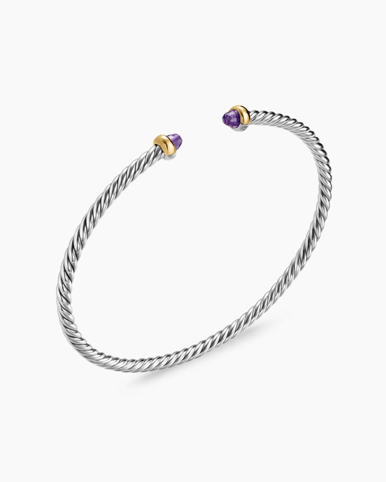 Micro Cable Flex® Bracelet in Sterling Silver with 14K Yellow Gold and Amethyst, 2.6mm