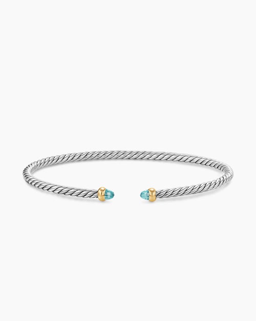Womens Micro Cable Flex® Bracelet in Sterling Silver with 14K Yellow Gold and Aquamarine, 2.6mm