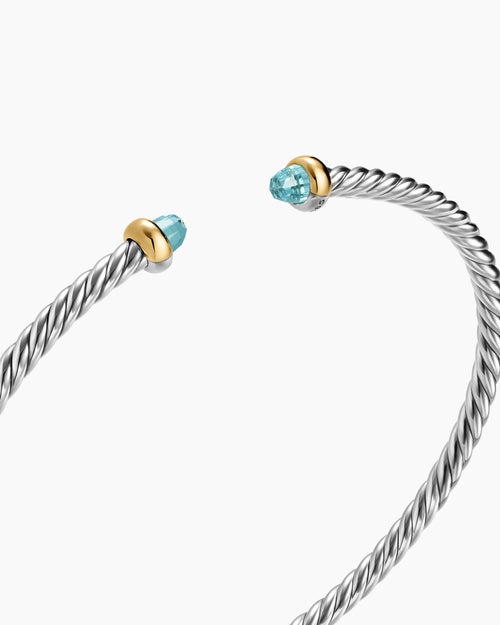 Womens Micro Cable Flex® Bracelet in Sterling Silver with 14K Yellow Gold and Aquamarine, 2.6mm