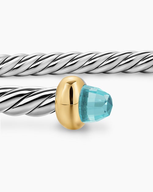 Womens Micro Cable Flex® Bracelet in Sterling Silver with 14K Yellow Gold and Aquamarine, 2.6mm