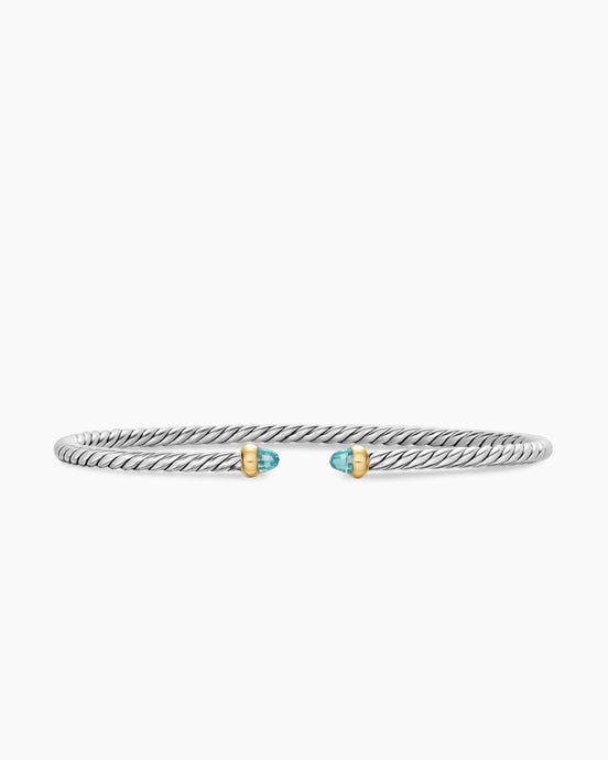 Micro Cable Flex® Bracelet in Sterling Silver with 14K Yellow Gold and Aquamarine, 2.6mm