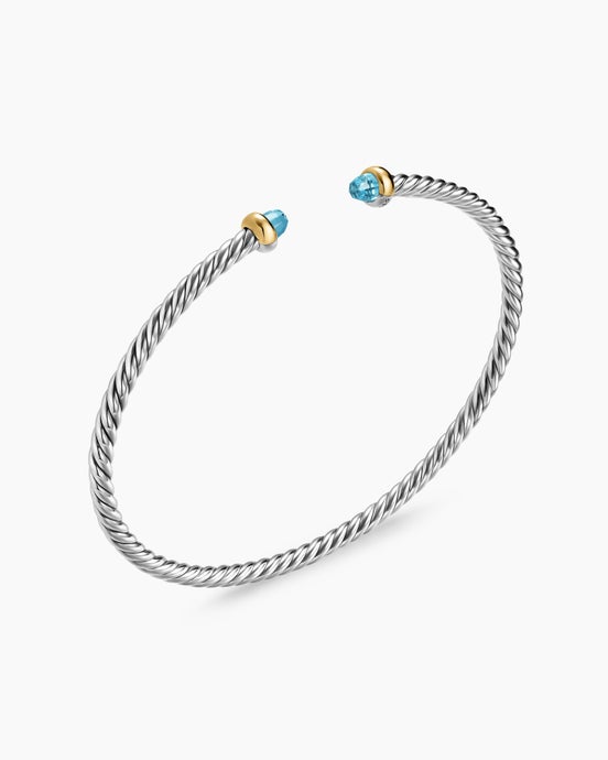 Micro Cable Flex® Bracelet in Sterling Silver with 14K Yellow Gold and Blue Topaz, 2.6mm