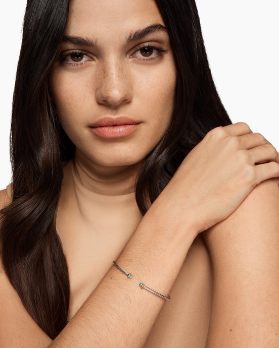 Micro Cable Flex® Bracelet in Sterling Silver with 14K Yellow Gold and Blue Topaz, 2.6mm