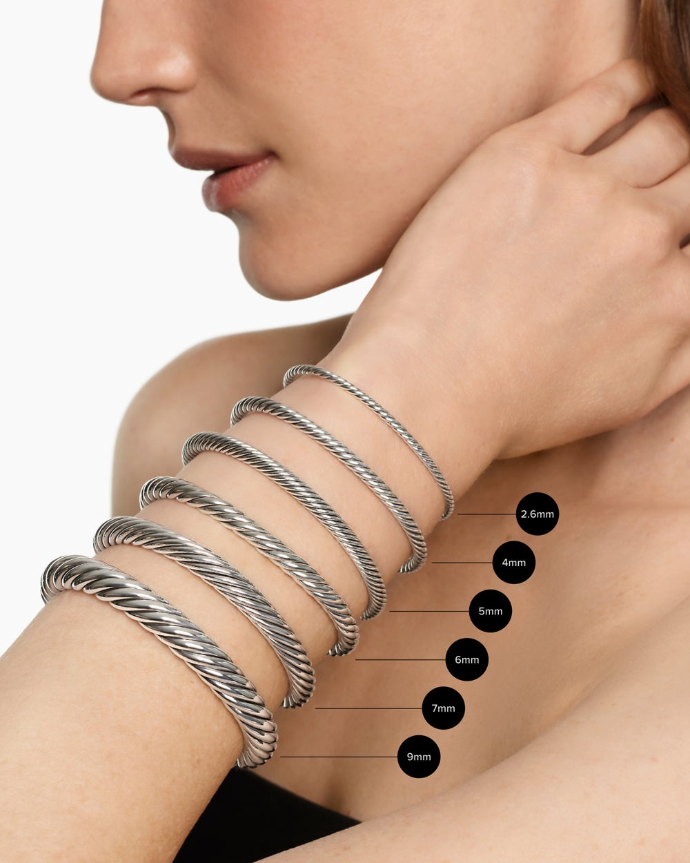 Womens Micro Cable Flex Bracelet in Sterling Silver with 14K Yellow Gold, 2.6mm