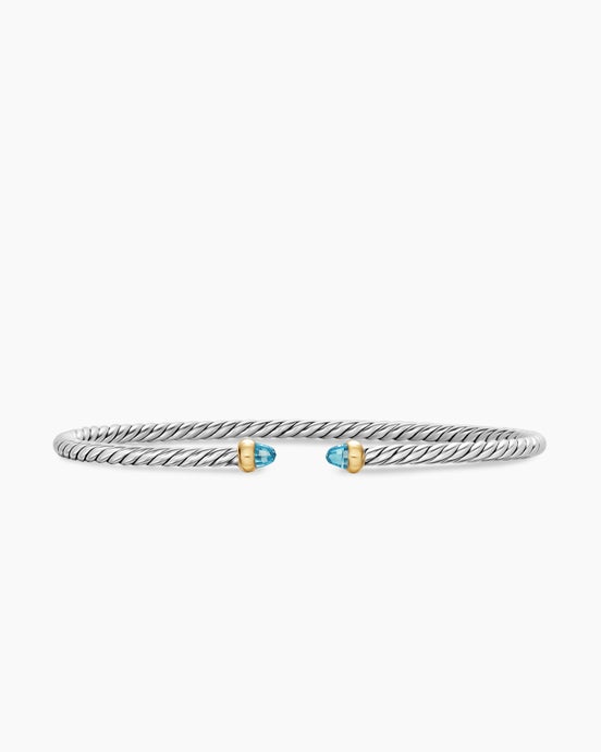 Micro Cable Flex® Bracelet in Sterling Silver with 14K Yellow Gold and Blue Topaz, 2.6mm