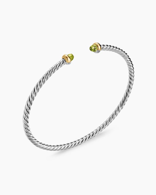 Womens Micro Cable Flex® Bracelet in Sterling Silver with 14K Yellow Gold and Peridot, 2.6mm