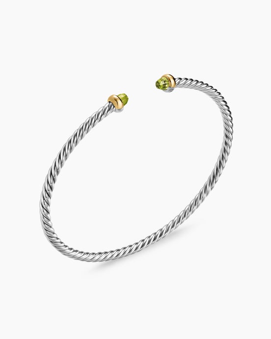 Micro bracelet Cable Flex® en argent massif avec or jaune 14 carats et péridot, 2,6 mm