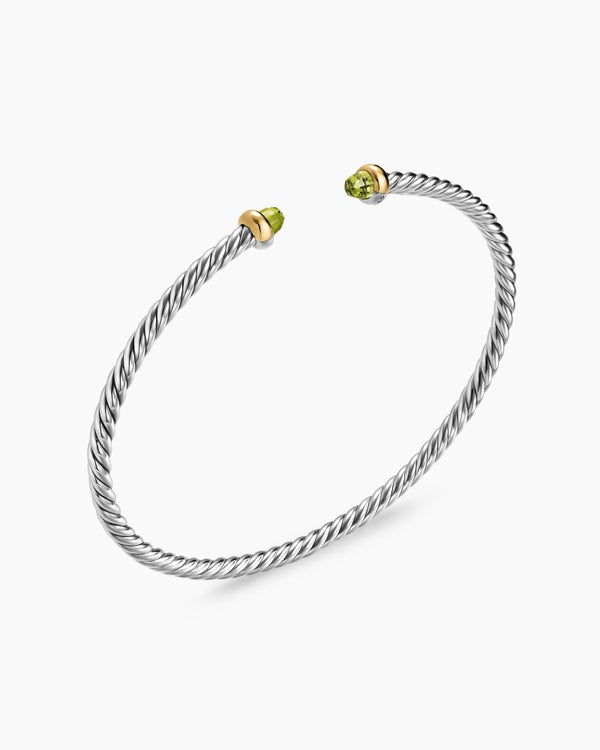 Micro bracelet Cable Flex® en argent massif avec or jaune 14 carats et péridot, 2,6 mm