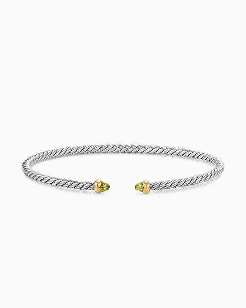 Womens Micro Cable Flex® Bracelet in Sterling Silver with 14K Yellow Gold and Peridot, 2.6mm