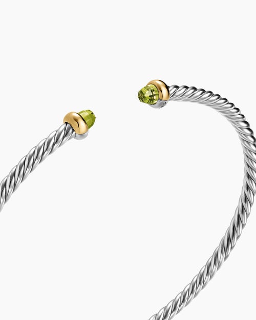 Womens Micro Cable Flex® Bracelet in Sterling Silver with 14K Yellow Gold and Peridot, 2.6mm