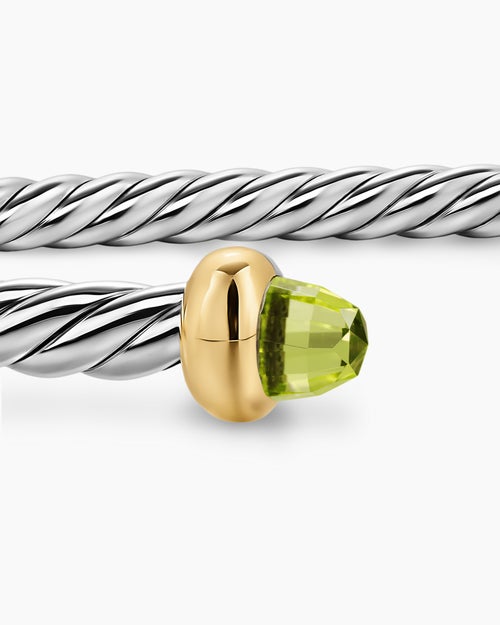 Womens Micro Cable Flex® Bracelet in Sterling Silver with 14K Yellow Gold and Peridot, 2.6mm
