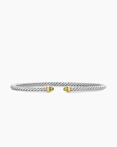 Womens Micro Cable Flex® Bracelet in Sterling Silver with 14K Yellow Gold and Peridot, 2.6mm