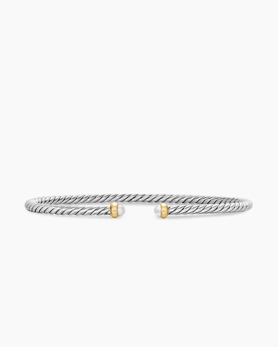 Micro Cable Flex® Bracelet in Sterling Silver with 14K Yellow Gold and Pearls, 2.6mm
