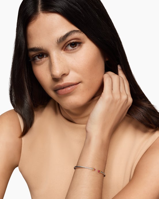 Micro Cable Flex® Bracelet in Sterling Silver with 14K Yellow Gold and Rubies, 2.6mm