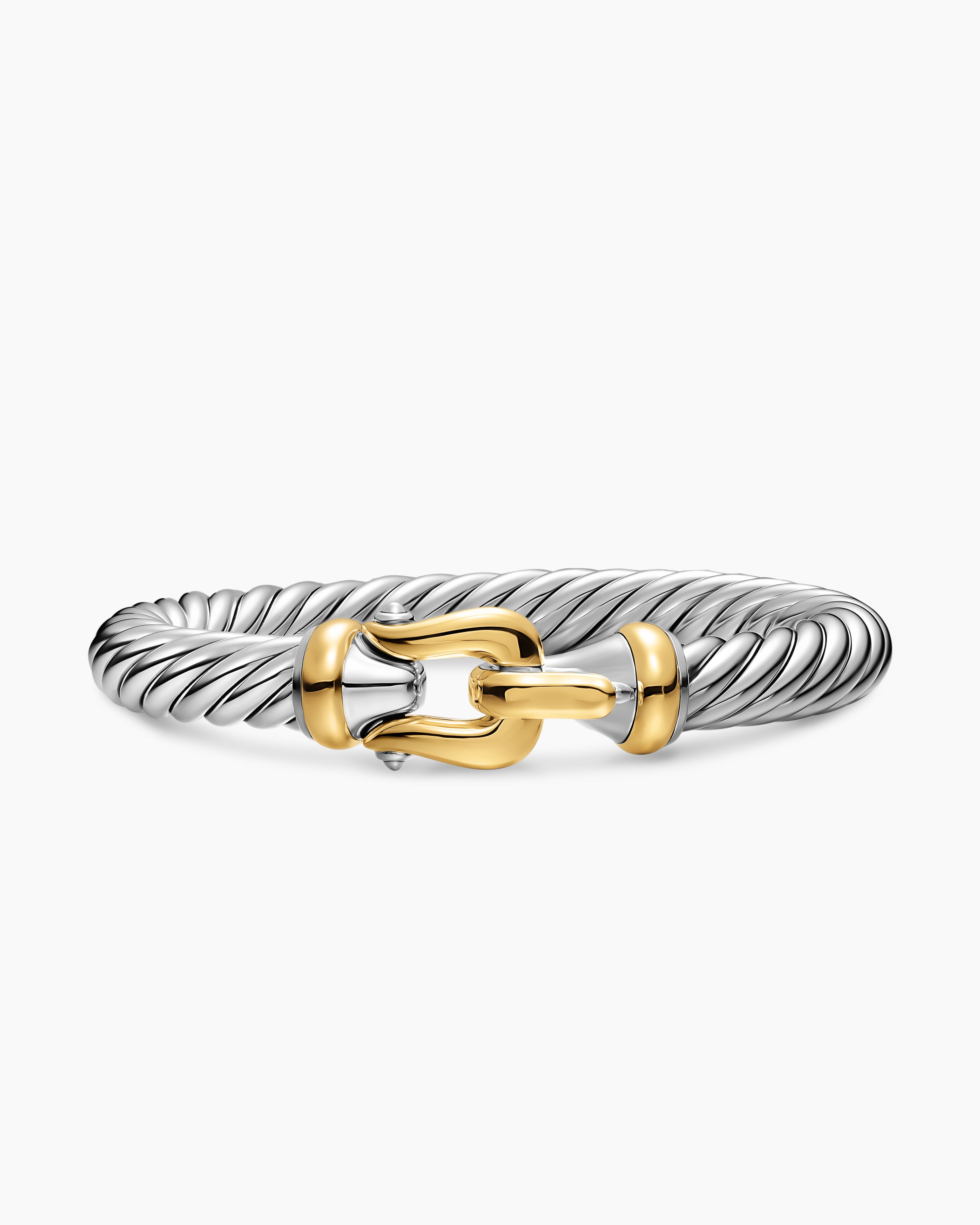 Womens Cable Flex Buckle Bracelet in Sterling Silver with 14K Yellow Gold, 9mm
