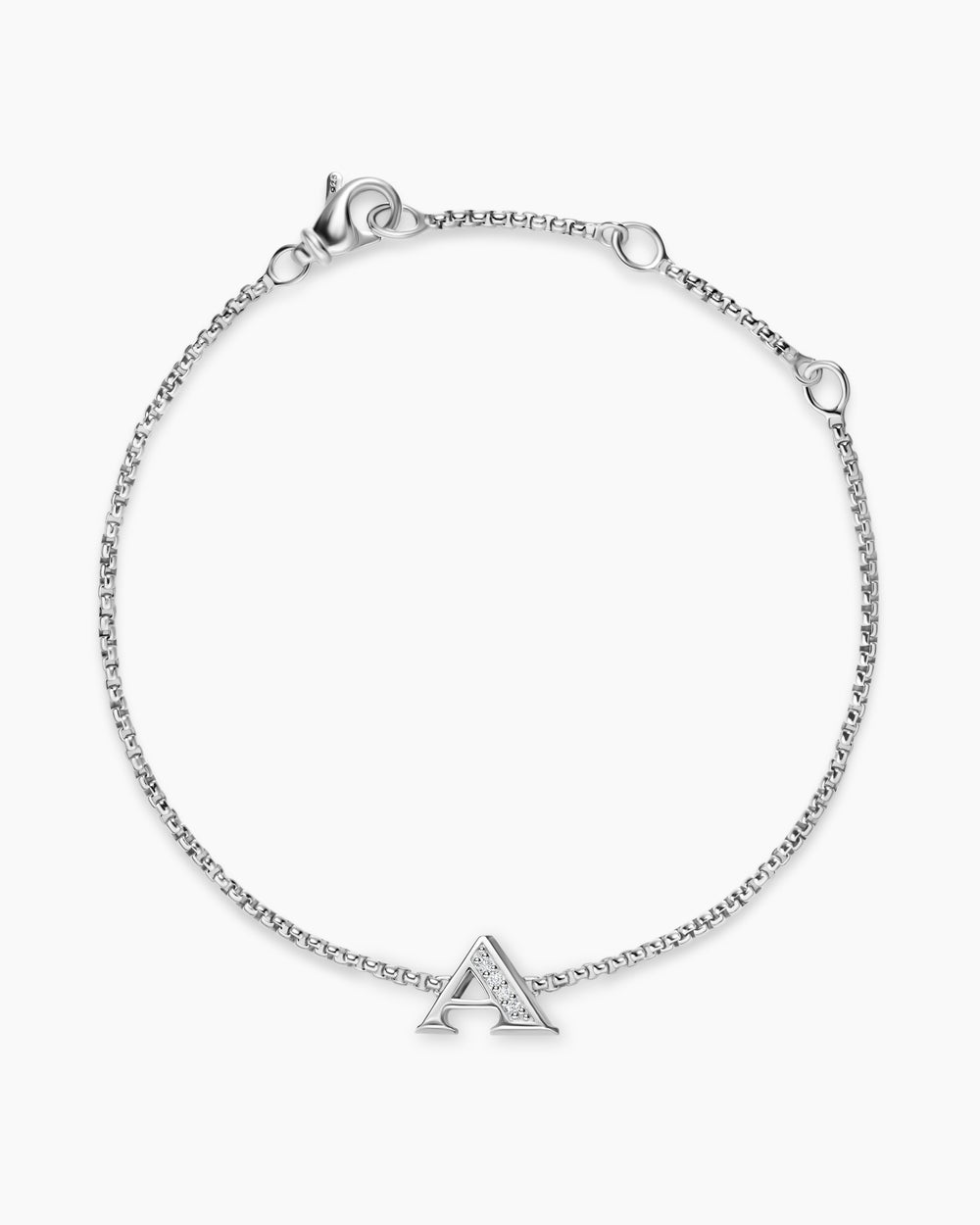 Womens Petite Initial Chain Bracelet in Sterling Silver with Diamond A