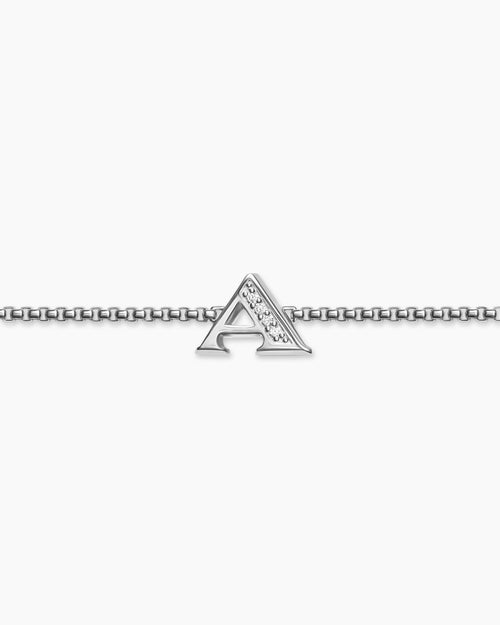 Womens Petite Initial Chain Bracelet in Sterling Silver with Diamond A