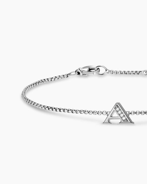 Womens Petite Initial Chain Bracelet in Sterling Silver with Diamond A