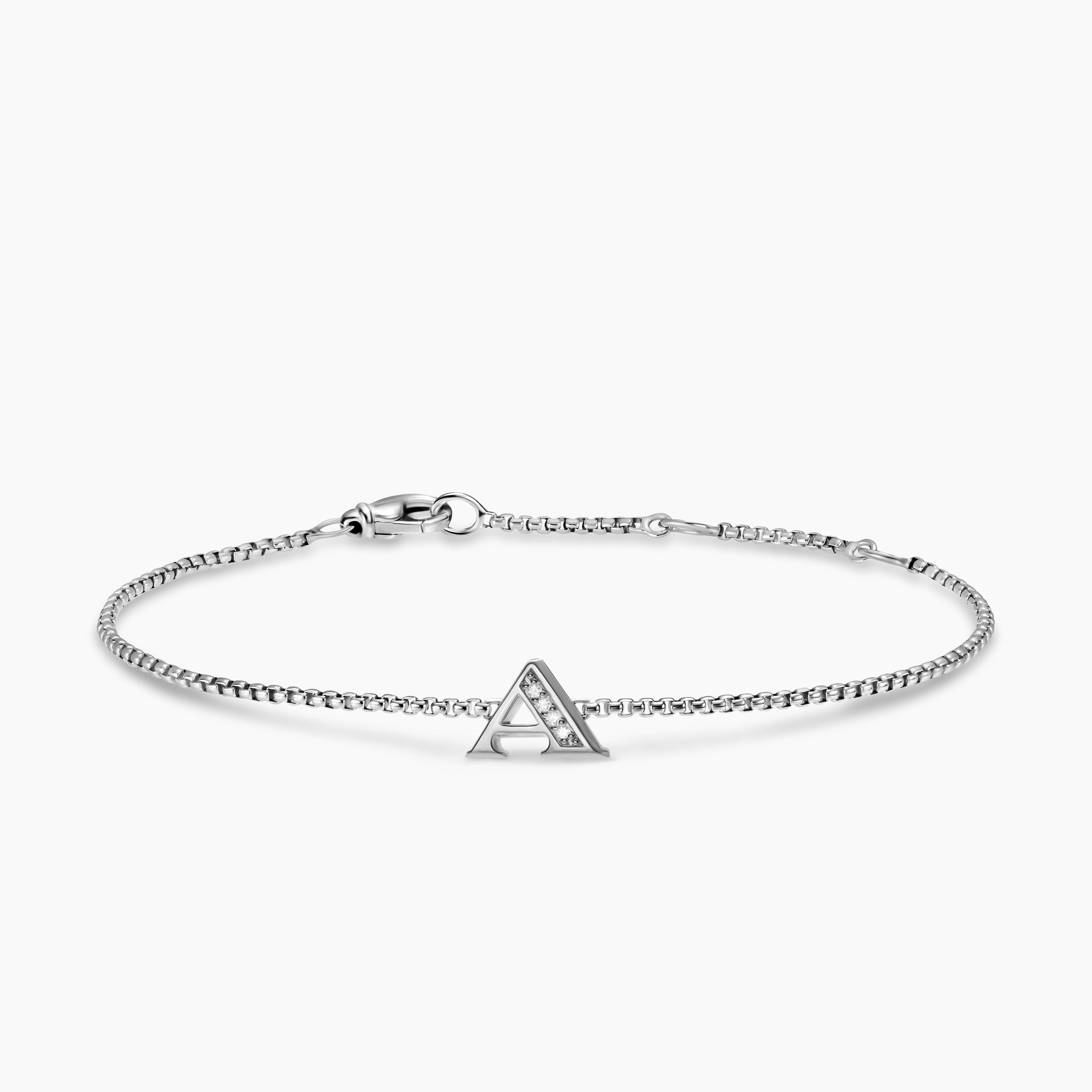 Womens Petite Initial Chain Bracelet in Sterling Silver with Diamond A