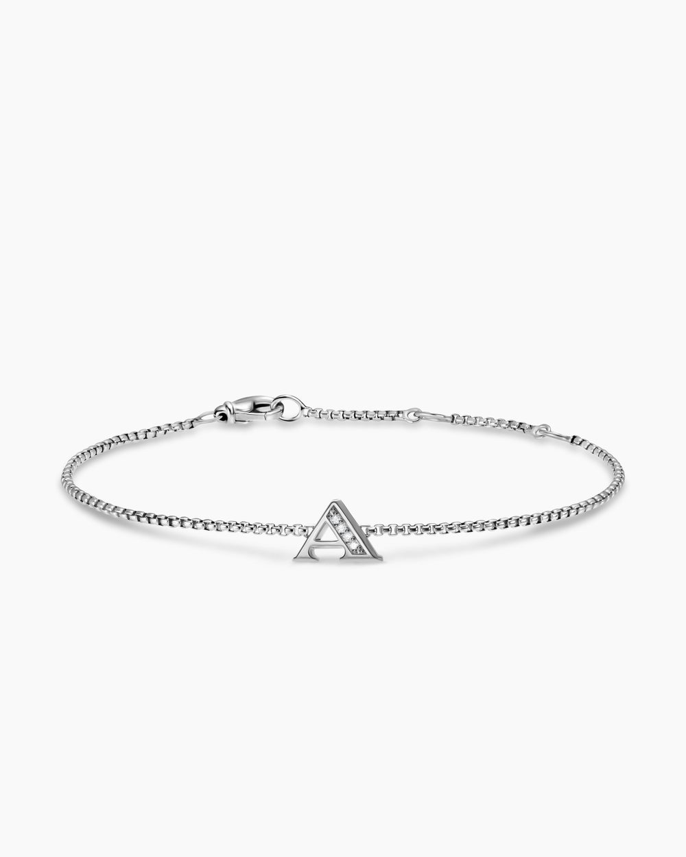 Womens Petite Initial Chain Bracelet in Sterling Silver with Diamond A