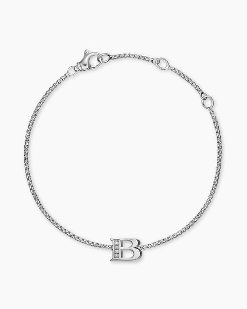 Womens Petite Initial Chain Bracelet in Sterling Silver with Diamond B