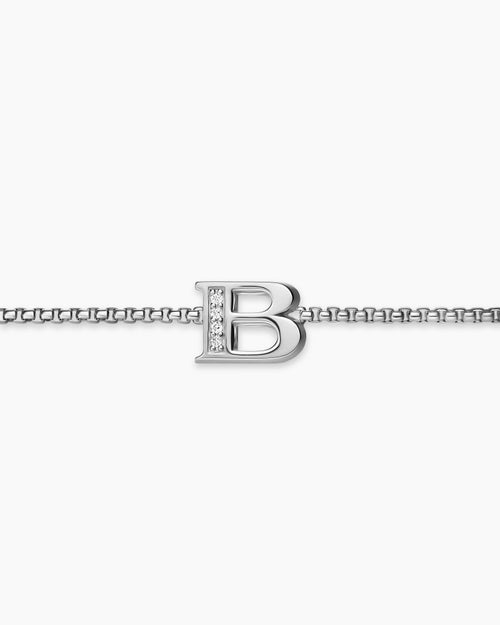 Womens Petite Initial Chain Bracelet in Sterling Silver with Diamond B