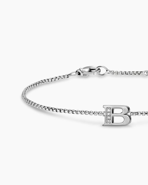 Womens Petite Initial Chain Bracelet in Sterling Silver with Diamond B