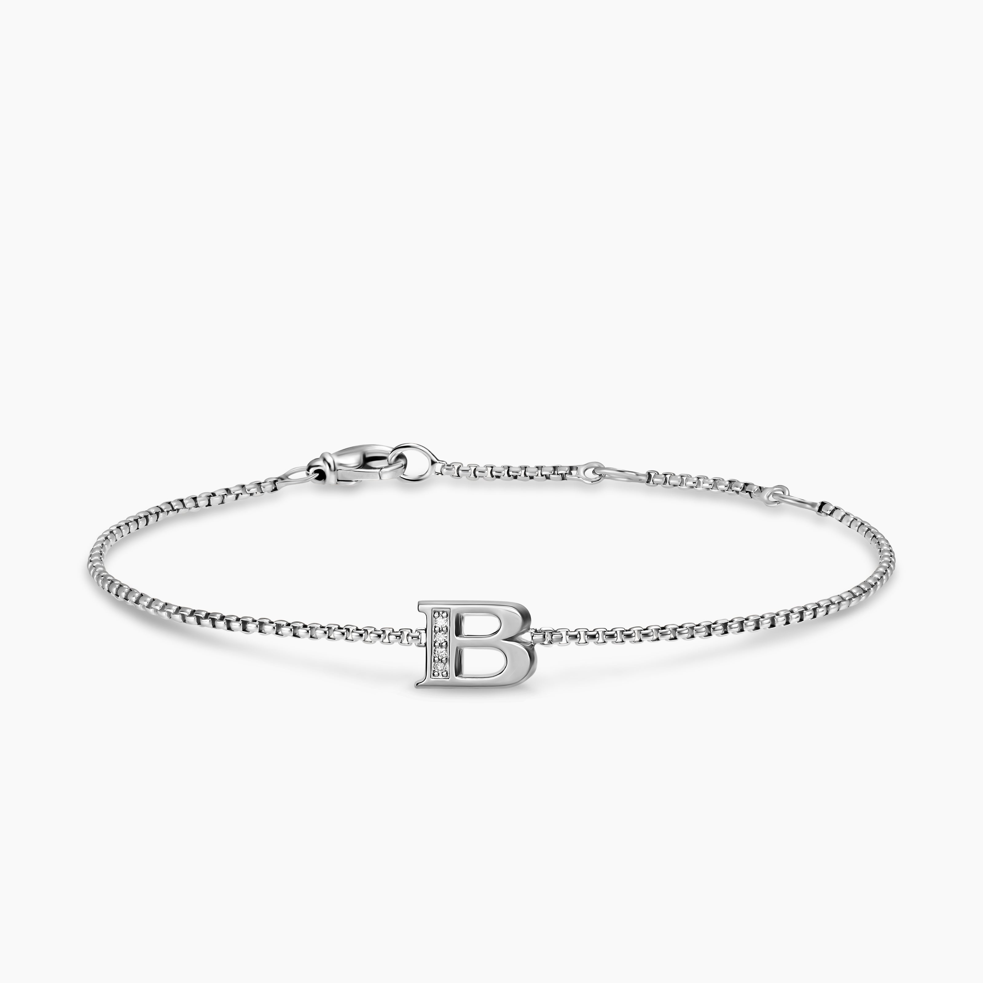 Womens Petite Initial Chain Bracelet in Sterling Silver with Diamond B