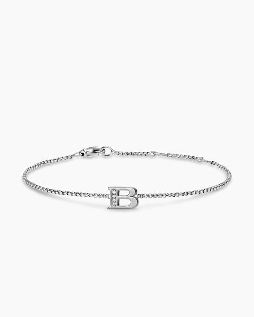Womens Petite Initial Chain Bracelet in Sterling Silver with Diamond B