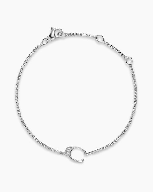 Womens Petite Initial Chain Bracelet in Sterling Silver with Diamond C
