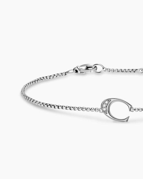 Womens Petite Initial Chain Bracelet in Sterling Silver with Diamond C