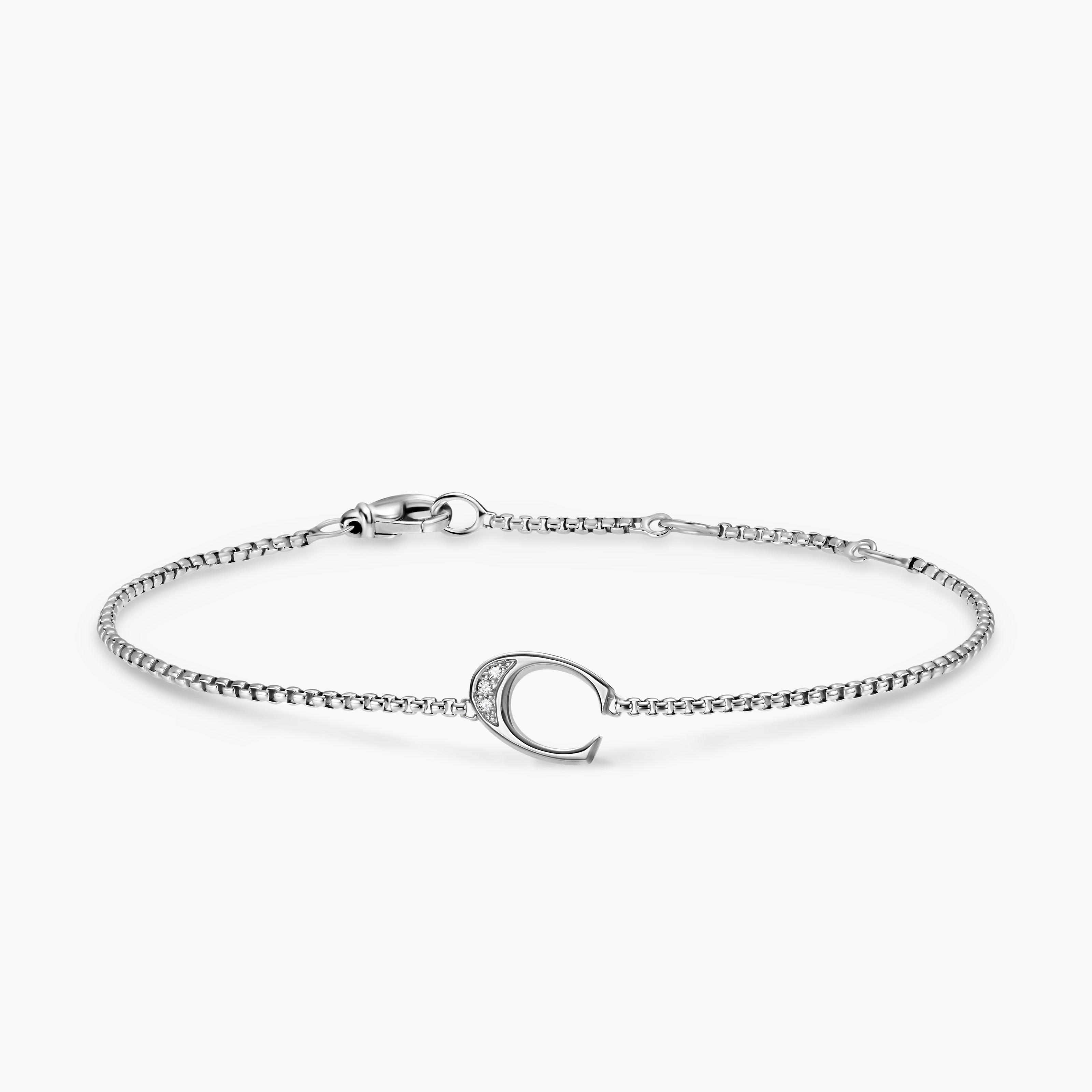 Womens Petite Initial Chain Bracelet in Sterling Silver with Diamond C