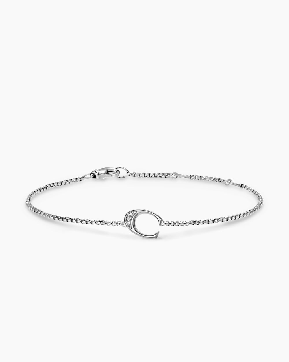 Womens Petite Initial Chain Bracelet in Sterling Silver with Diamond C